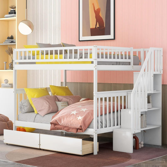 Bunk Beds Full over Full Size, Solid Wood Full Bunk Beds with Drawers and Stairway, Full Length Guardrail, No Box Spring Needed (White Full over Full Bunk Beds)